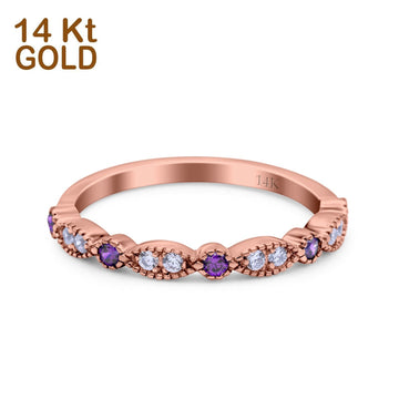 14K Rose Gold Half Eternity Wedding Band Art Deco Design Simulated Amethyst CZ Ring Size-7